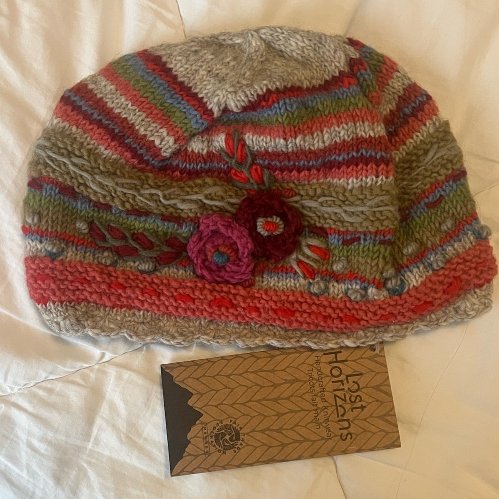 Colorful Knit Hat with Floral Design